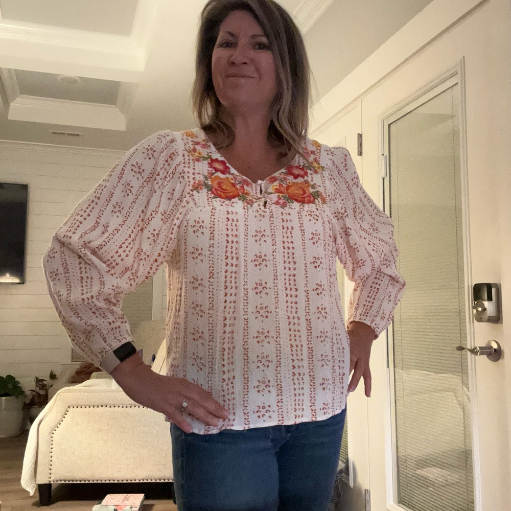 Savanna Jane Embroidered Blouse - Cream and Orange
